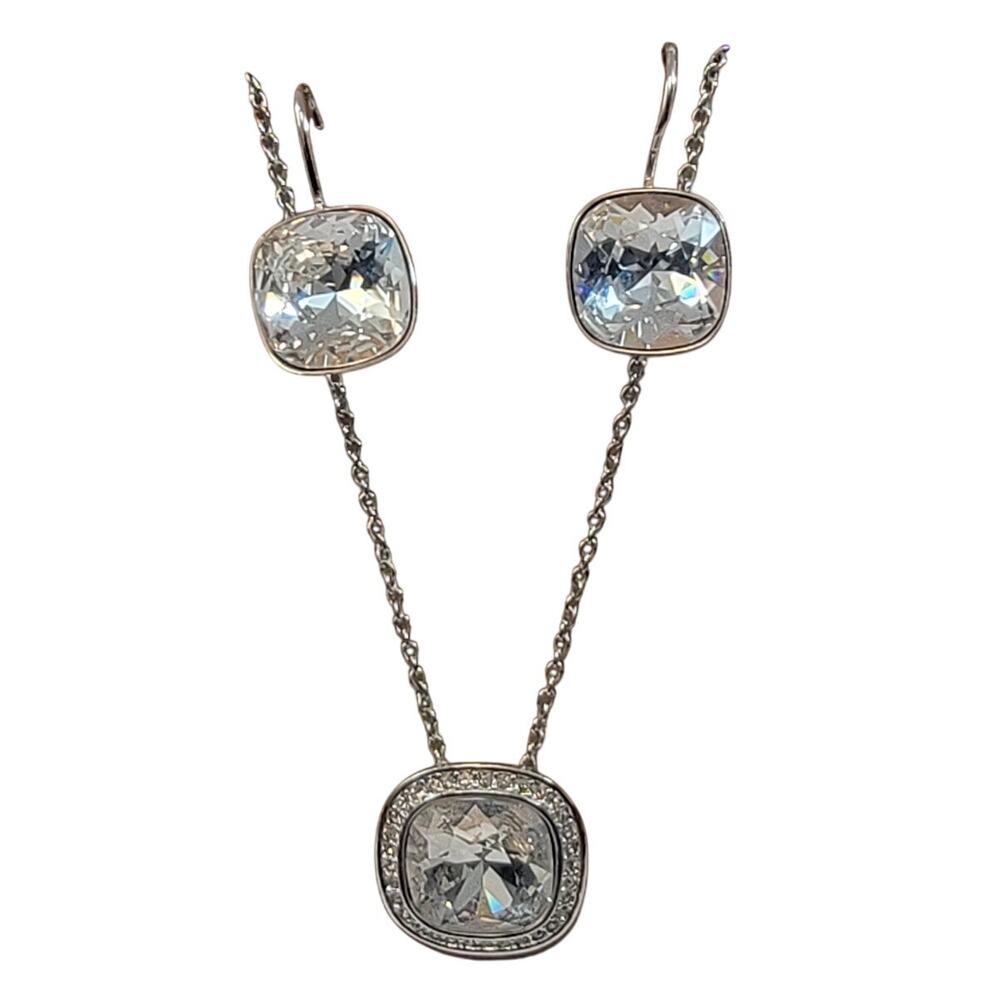 Vintage Sterling Silver Necklace & Earrings Set with Cushion-Cut CZ Halo Design